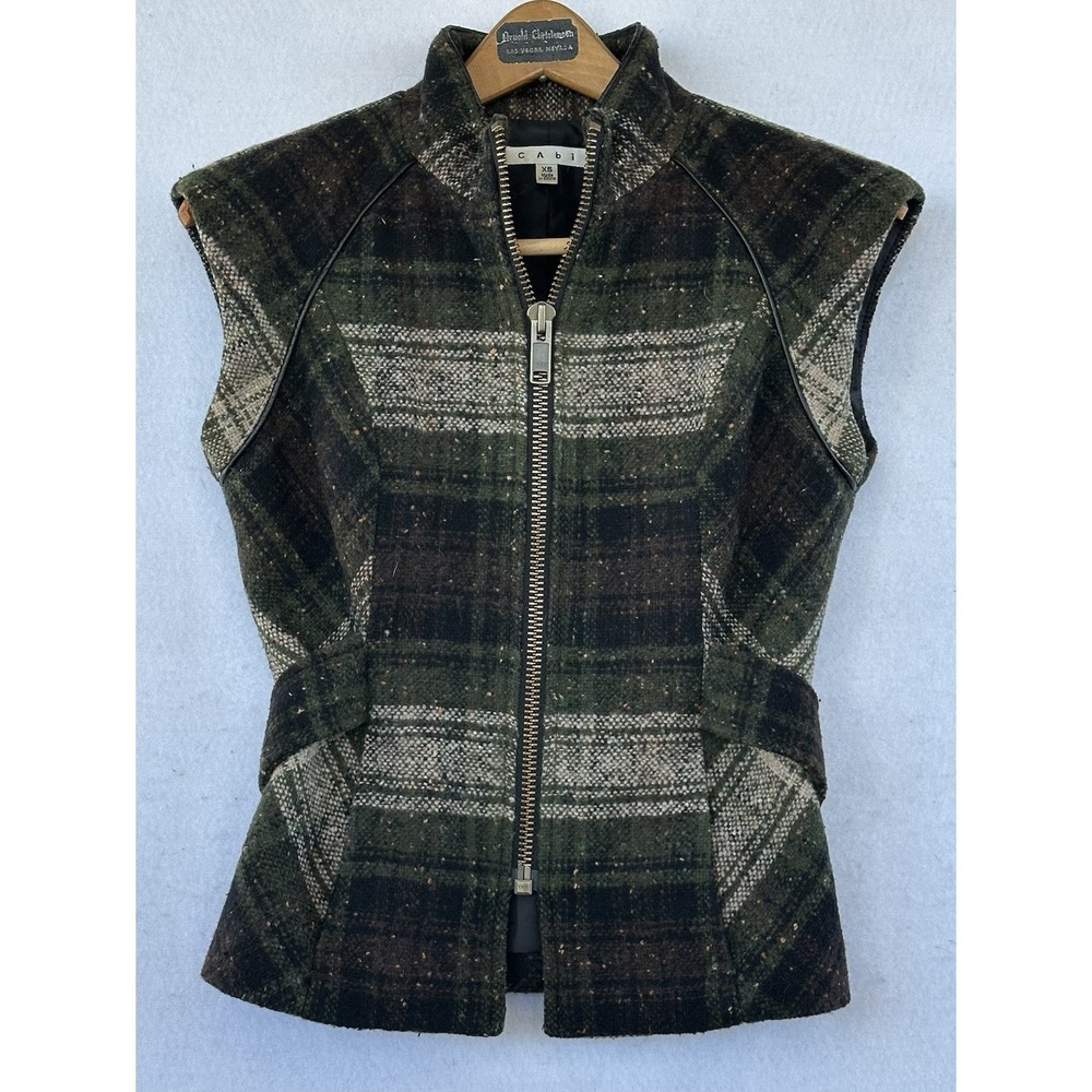 Cabi Wool Blend Plaid Vest Zip Front Retro Career Office Pockets XS
